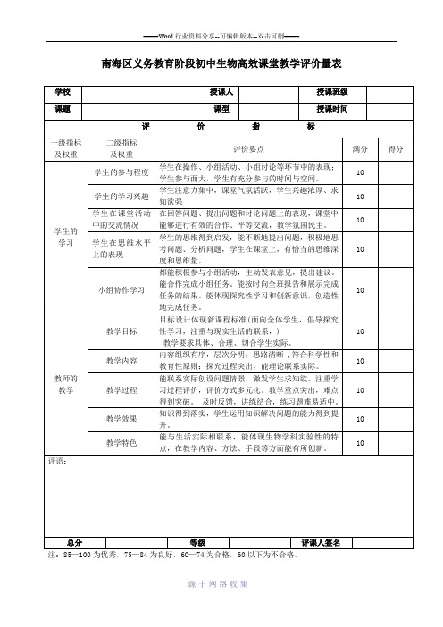 初中生物高效课堂教学评价量表(新修订)