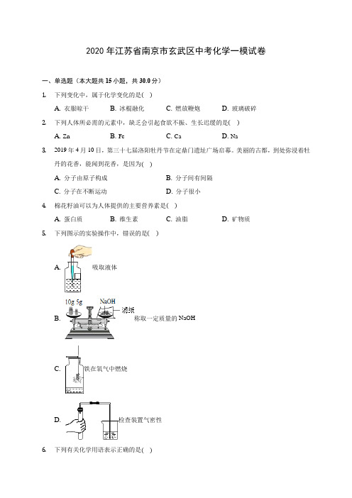 2020年江苏省南京市玄武区中考化学一模试卷 (含答案解析)