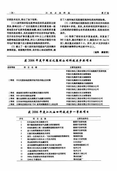 获2006年度江汉油田科技进步一等奖项目