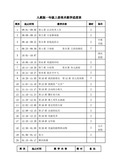 人教版一年级上册美术教学进度表