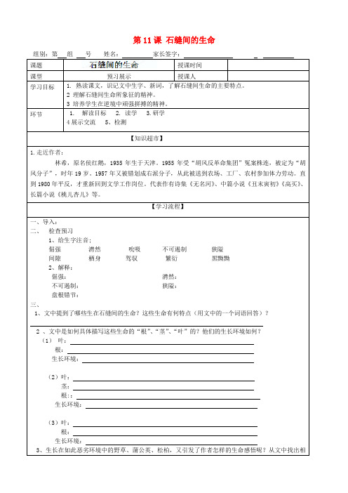 北京市房山区石窝中学九年级语文上册《第11课 石缝间的生命》导学案2 北京课改版