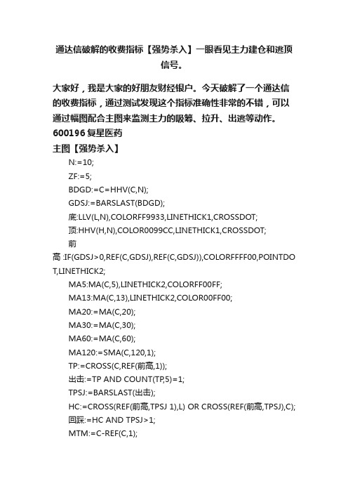 通达信破解的收费指标【强势杀入】一眼看见主力建仓和逃顶信号。