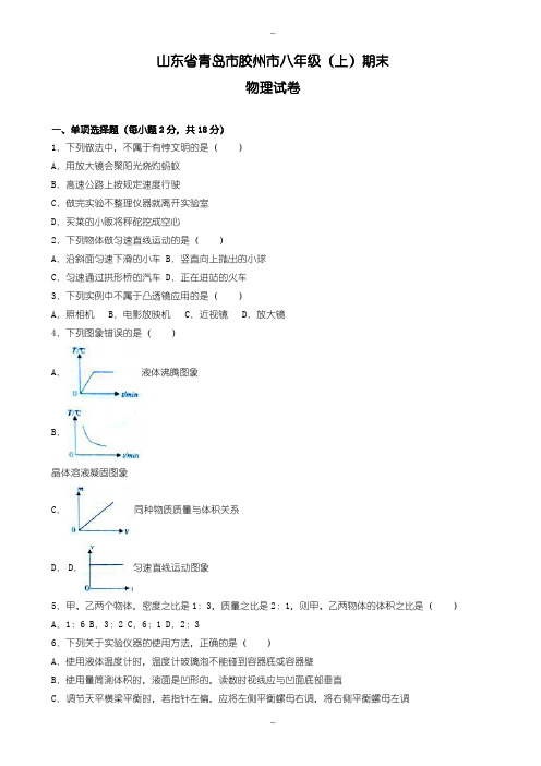 青岛市胶州市八年级上期末物理测试卷(有配套答案)