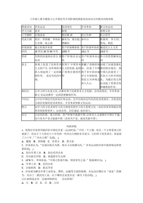 人教部编版八年级历史上册专题复习之中国近代不同阶级的探索活动知识点归纳及巩固训练(无答案)