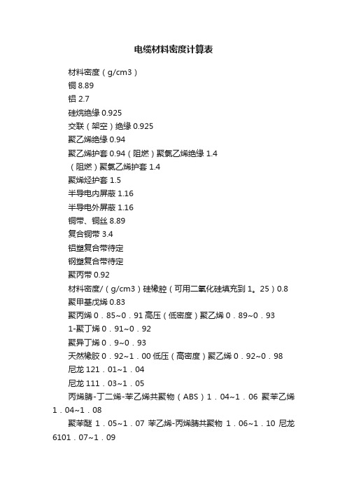 电缆材料密度计算表