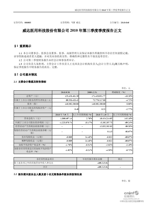 ST 威达：2010年第三季度报告正文 2010-10-22