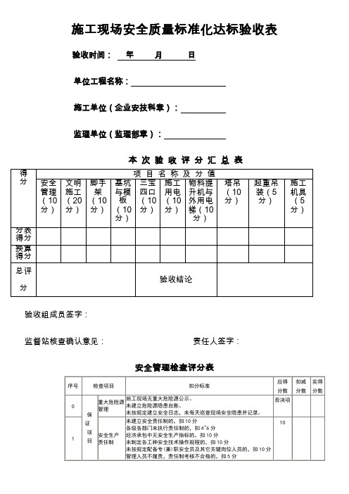 施工现场安全质量标准化达标验收表