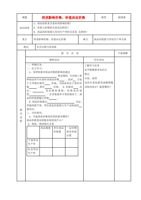 高中政治2.2供求影响价格、价值决定价格教案新人教版必修1