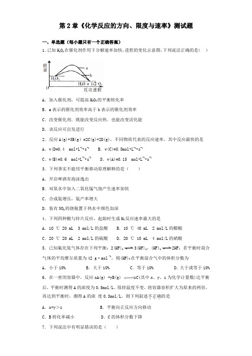 鲁科版化学选修四第2章《化学反应的方向、限度与速率》测试试题(含答案)