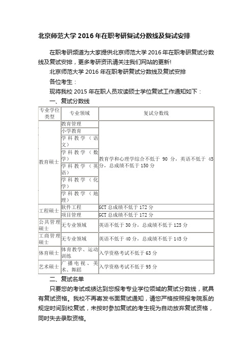 北京师范大学2016年在职考研复试分数线及复试安排