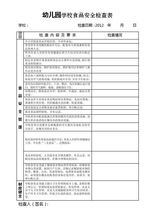 省一级幼儿园学校幼儿园食品安全检查表