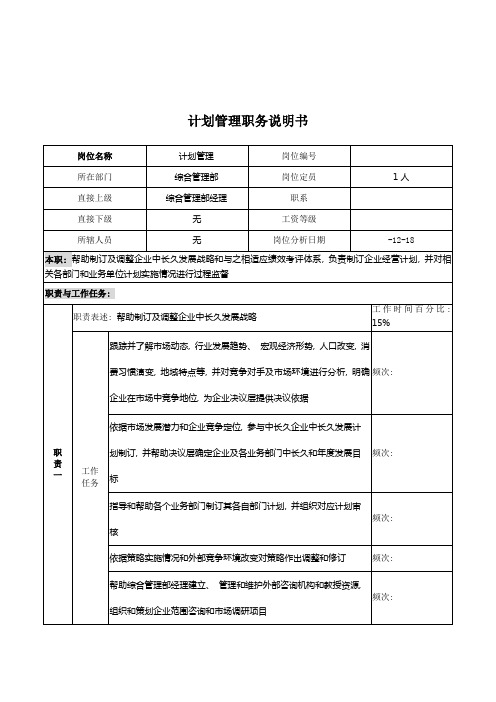 湖北新丰化纤公司综合管理部规划管理职务说明书