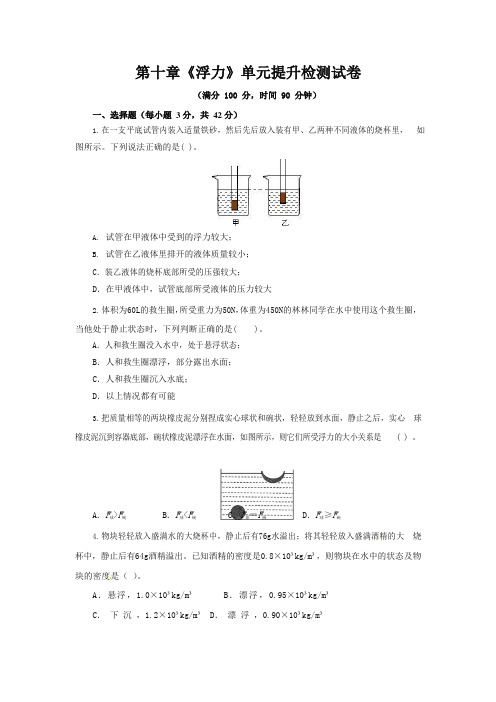 人教版八年级物理下册第十章《浮力》单元提升检测试卷测试题(含答案)