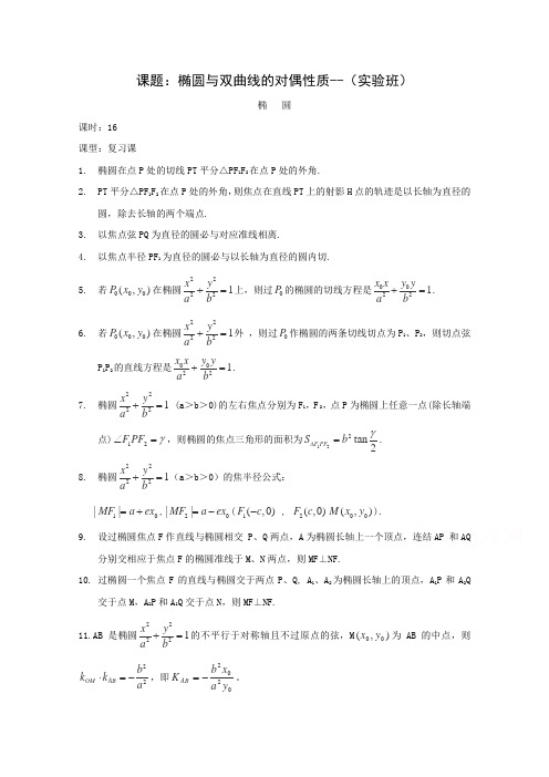 2015-2016学年吉林东北师大附中高二数学教案:第二章 圆锥曲线与方程 2.5~16复习小结(人教A版选修2-1)