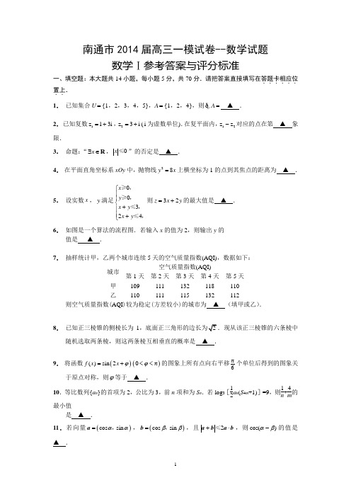 南通市2014届高三一模试卷--数学试题