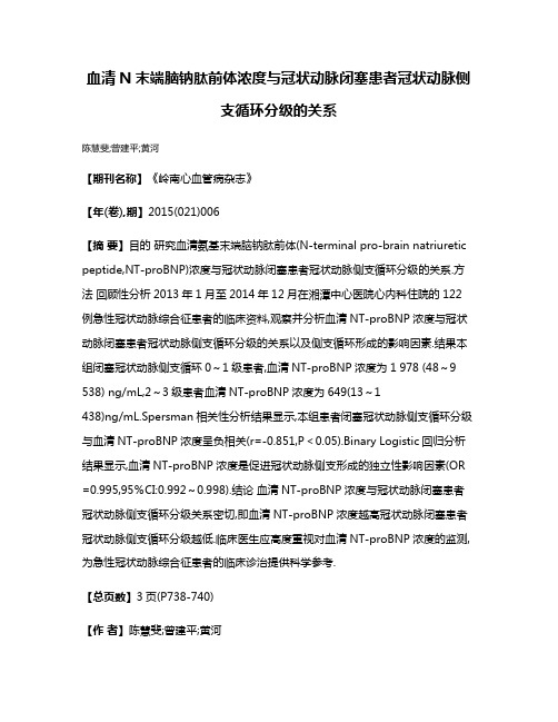 血清N末端脑钠肽前体浓度与冠状动脉闭塞患者冠状动脉侧支循环分级的关系