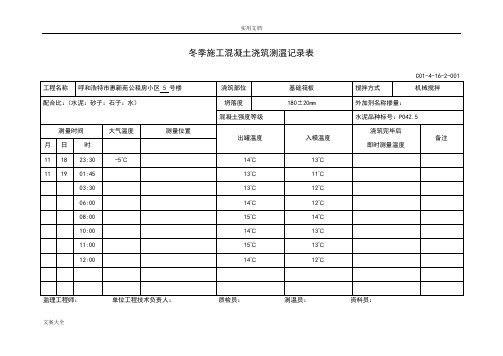 冬季施工混凝土浇筑测温记录簿表