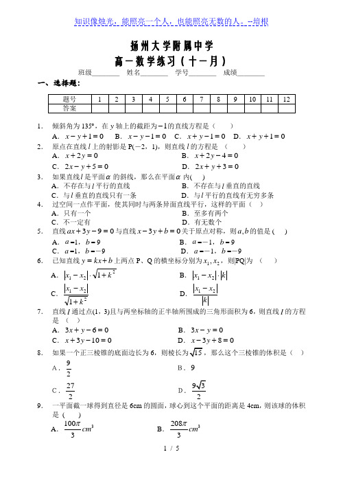 扬州大学附属中学高一数学十一月测试题(附答案)