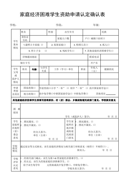 家庭经济困难学生资助申请认定确认表