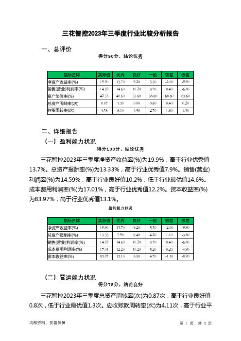 002050三花智控2023年三季度行业比较分析报告