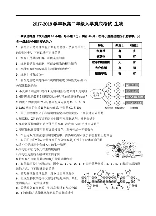 广东省汕头市金山中学2017-2018学年高二上学期入学模拟考试生物试卷 Word版含答案