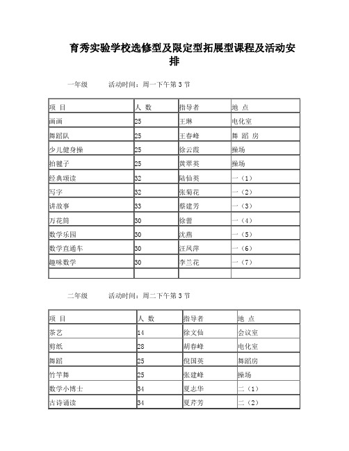 育秀实验学校选修型及限定型拓展型课程及活动安排