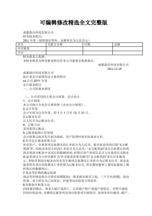 会计报表附注精选全文完整版