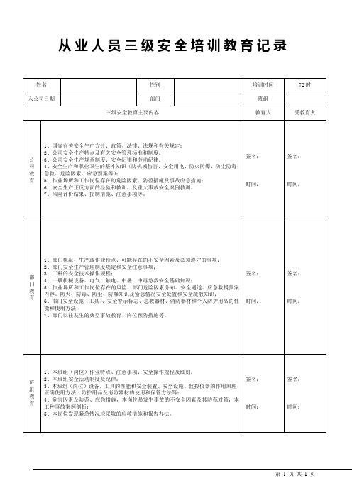 从业人员三级安全培训教育记录