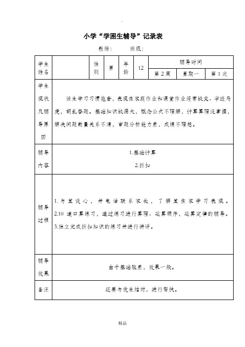 小学六年级数学学困生辅导记载表