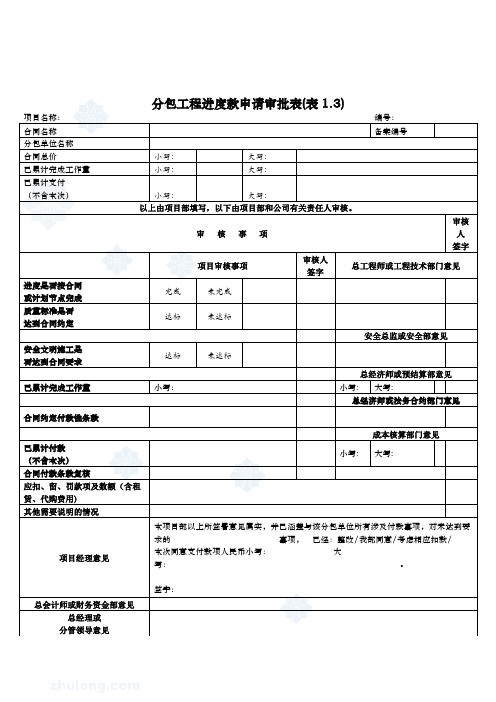 分包工程进度款申请审批表