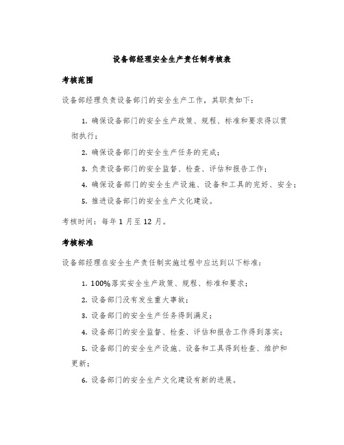 设备部经理安全生产责任制考核表