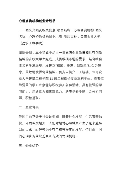 心理咨询机构创业计划书