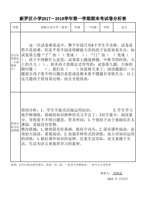 一年段语文期末试卷分析表