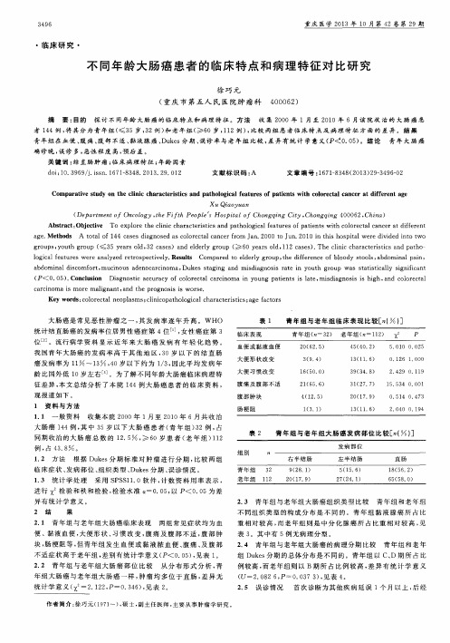 不同年龄大肠癌患者的临床特点和病理特征对比研究