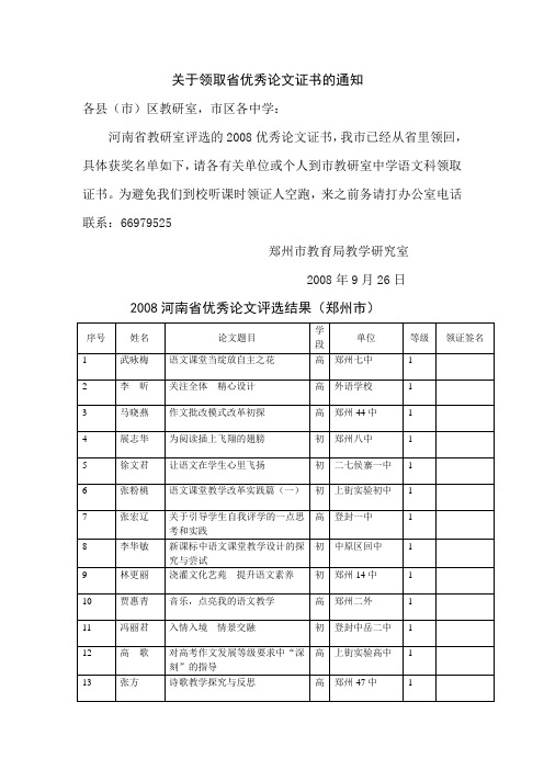 关于领取省优秀论文证书的通知