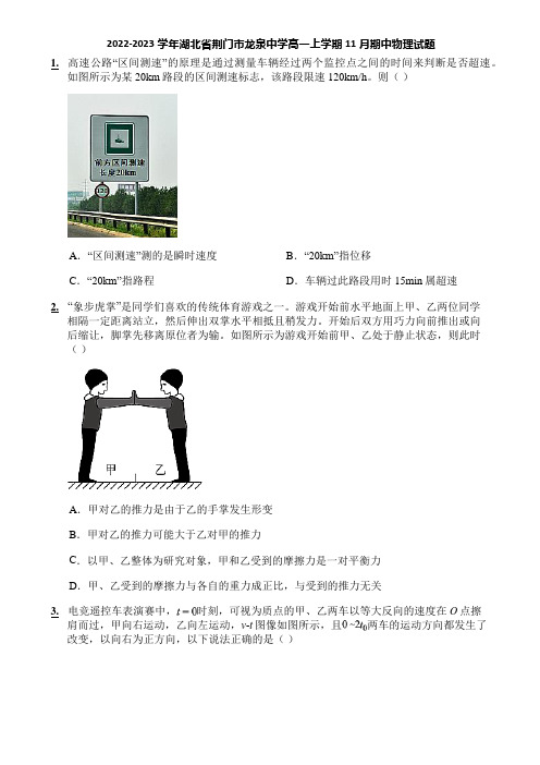 2022-2023学年湖北省荆门市龙泉中学高一上学期11月期中物理试题