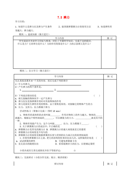 广东省河源中国教育学会中英文实验学校八年级物理下册 7.2《弹力》讲学稿(无答案)(新版)新人教版