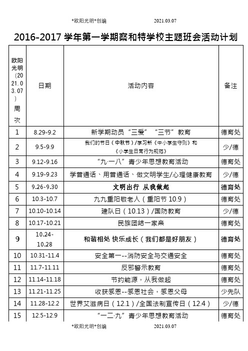 2021年-.学年第一学期主题班会和黑板报安排