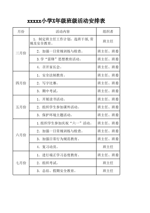 小学各年级班级活动安排表模板