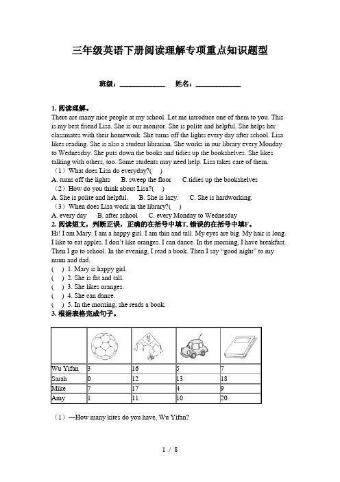 三年级英语下册阅读理解专项重点知识题型