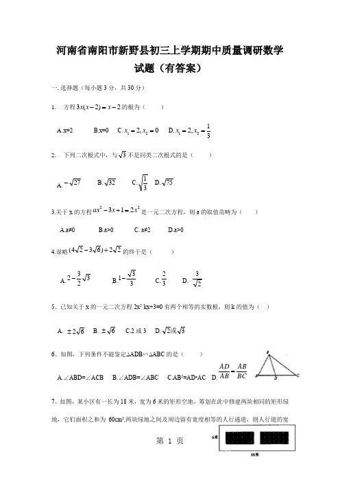 河南省南阳市新野县初三上学期期中质量调研数学试题(有答案)