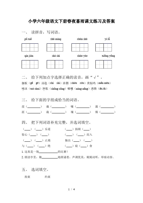 小学六年级语文下册春夜喜雨课文练习及答案