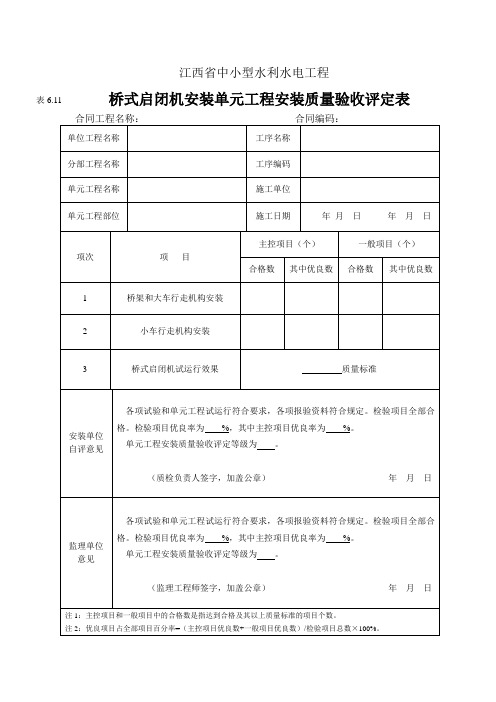 表6.11桥式启闭机安装单元工程质量验收评定表