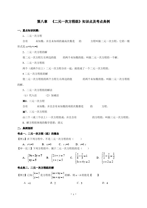 第8章  《二元一次方程组》知识点及考点典例