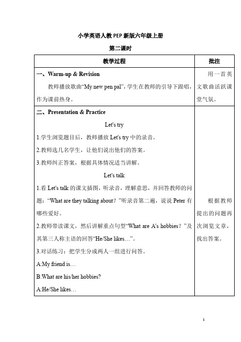 小学英语人教PEP新版六年级上册Unit 4 第二课时