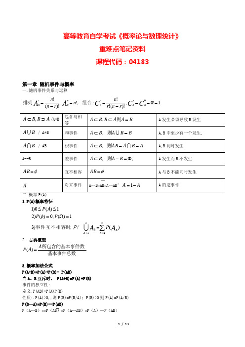 自考 概率论与数理统计 重难点笔记资料