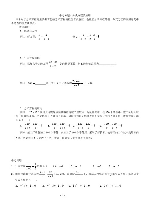 中考专题：分式方程及应用