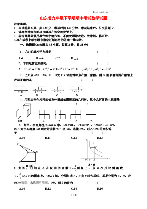 2023年山东省九年级下学期期中考试数学试题(附答案)