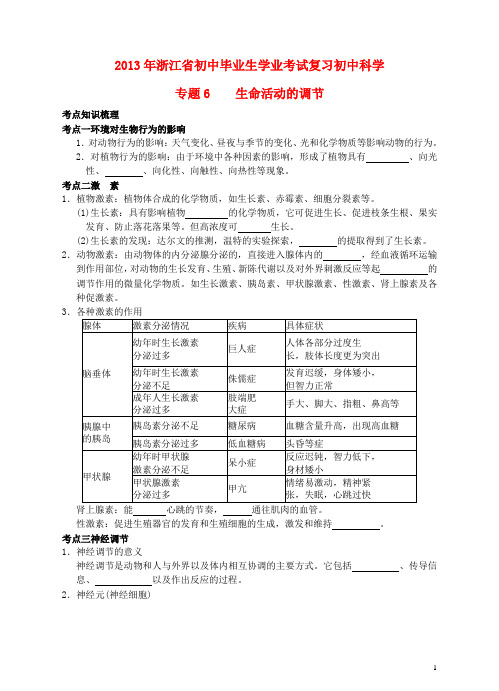 浙江省2013年初中科学毕业生学业考试复习 专题6 生命活动的调节（无答案） 浙教版