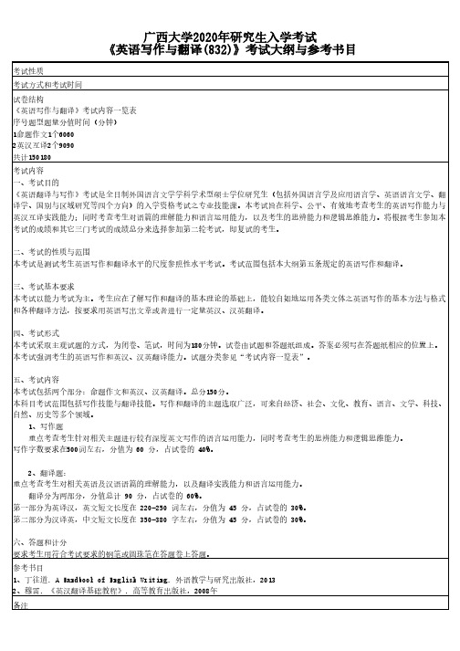 广西大学832英语写作与翻译2020年考研专业课初试大纲